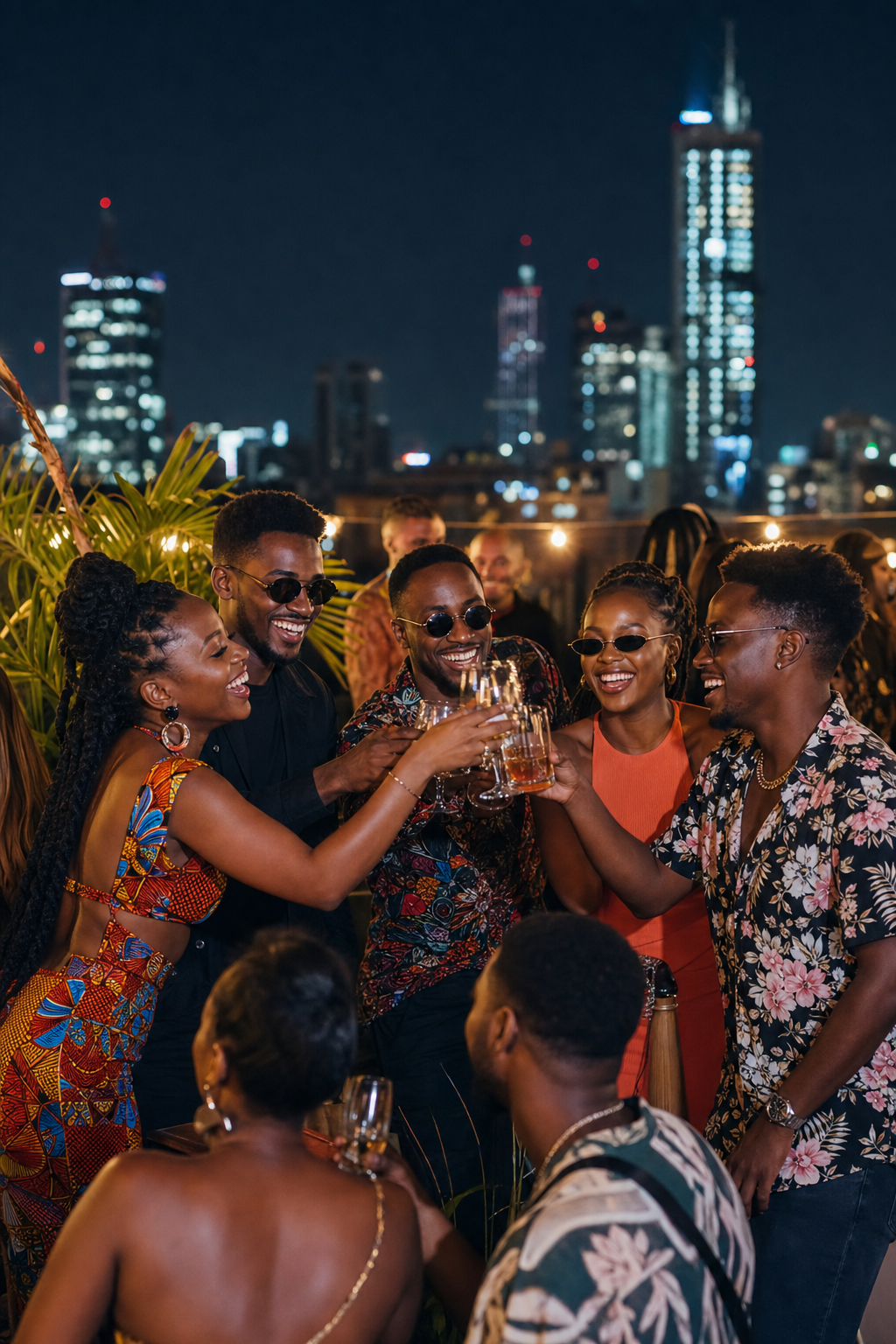 Africa Today, friends celebrating at a rooftop event